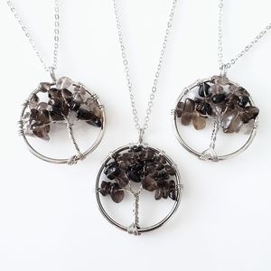 Natural smoky quartz tree of life pendant necklace